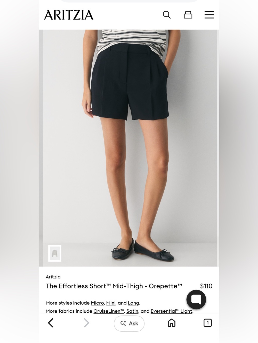 Aritzia effortless mid thigh short *black*